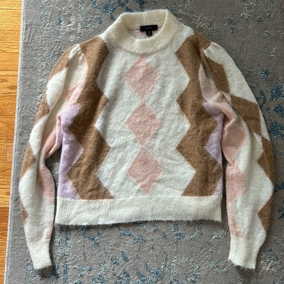 J. Crew Diamond-Checked Argyle Cropped Alpaca Blend Crewneck Sweater - Picture 2 of 4